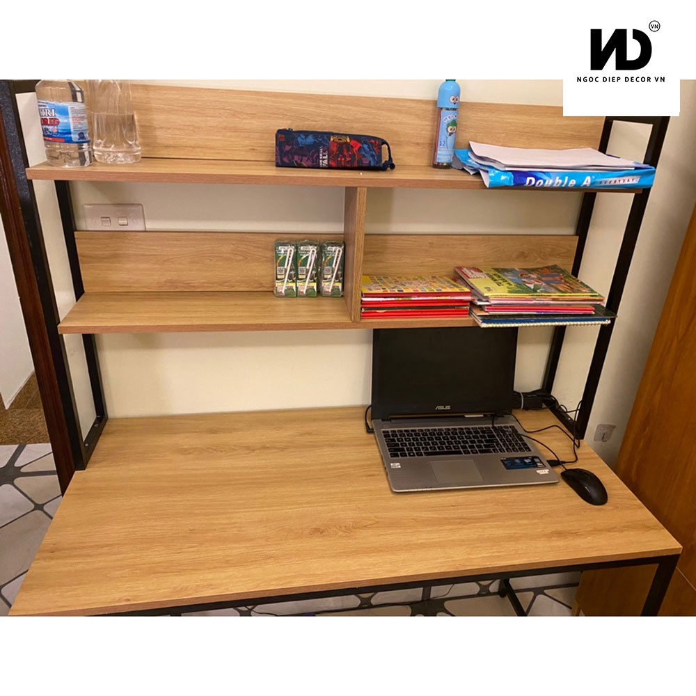 Bàn làm việc khung sắt có giá sách, dễ dàng lắp ráp, mặt bàn dày 17li, bàn học cho bé, có hướng dẫn lắp