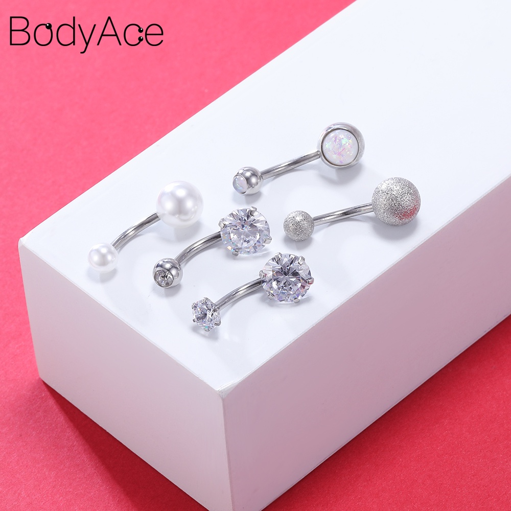 Bộ 5 Khuyên Rốn Bằng Thép Không Gỉ Đính Ngọc Trai Đen Cá Tính