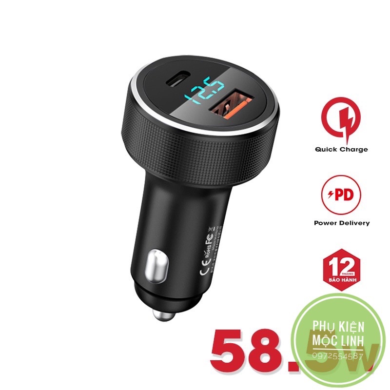 [ Chính hãng Remax ] Củ sạc nhanh oto 2 cổng 58.5W RCC-215 USB và Type C điện thoại tự ngắt BH 1 đổi 1 chính hãng