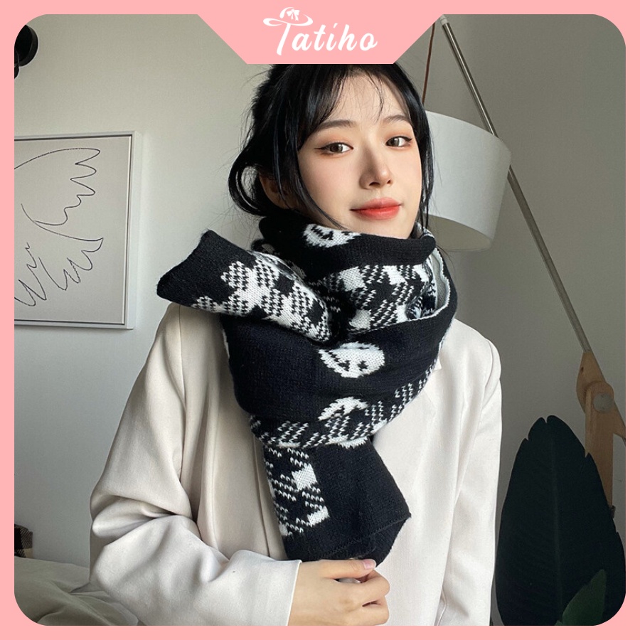 Khăn len quàng cổ unisex, khăn cashmere len dày họa tiết caro phối mặt cười dễ thương phong cách Hàn - 40x190cm - KLN17