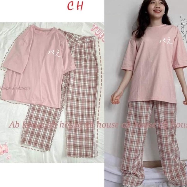 Sét áo chữ Nhật in tim + quần kẻ cạp chun CH12