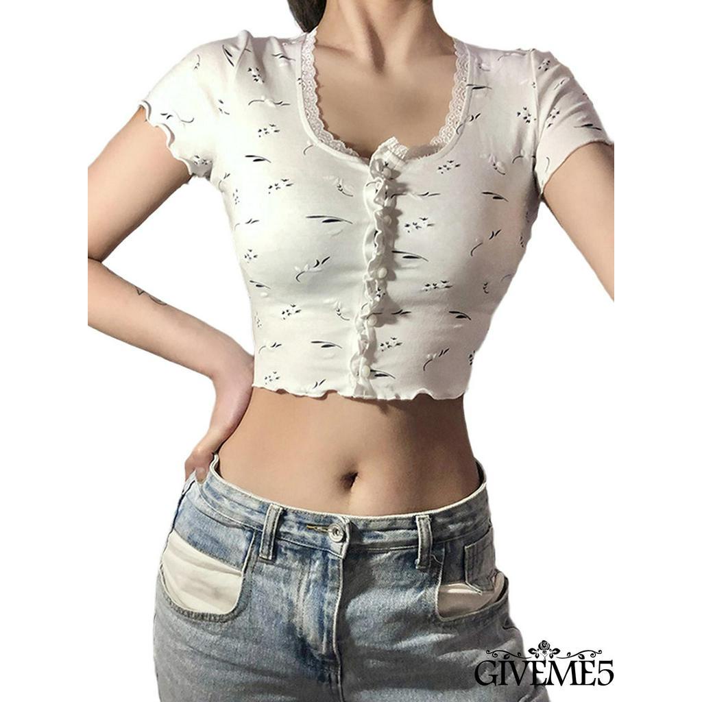 Áo thun hở rốn tay ngắn cổ tròn thời trang nữ xinh xắn