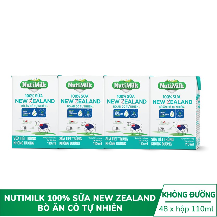 Thùng 48 hộp Nutimilk 100% Sữa New Zealand Nuti Bò ăn cỏ tự nhiên Không đường 110ml/hộp