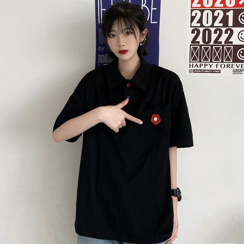 Áo thun polo nam nữ tay lỡ Yinxx, áo thun có cổ nam nữ form rộng màu đen ATP04