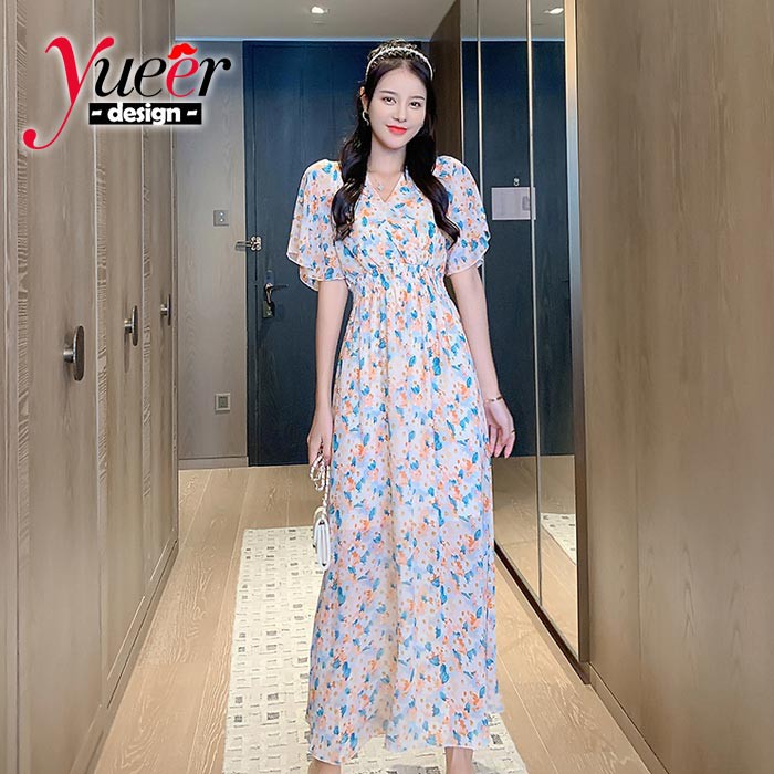 Đầm Voan Hoa Dáng Dài Cổ V Kiểu Vintage Pháp Thanh Lịch Size S-3Xl