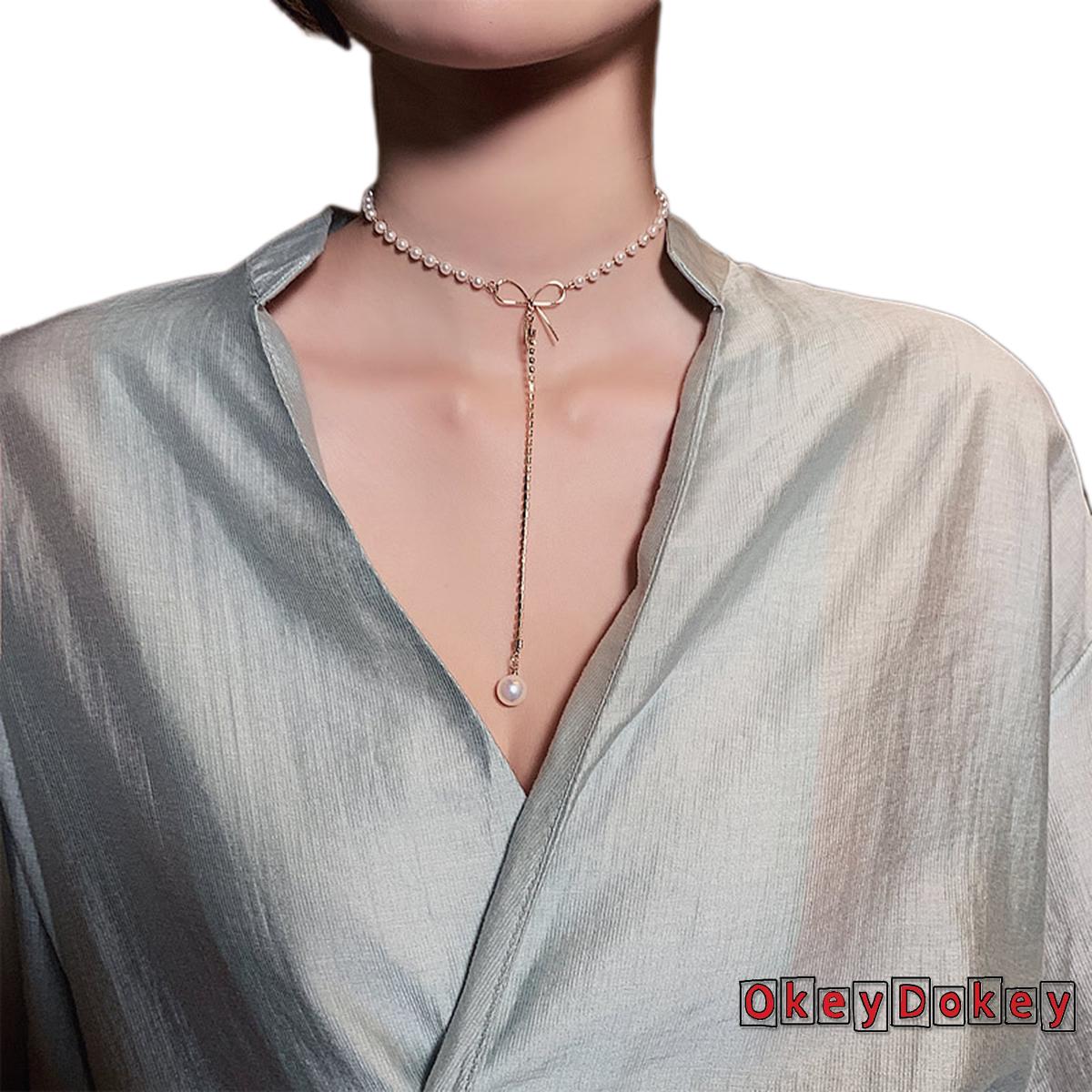 OKDK-Clavicle Necklace Pearl Rhinestone Adjustable Bow Elegant Noble Fashionable Joker Woman Jewelry Pendant Necklace