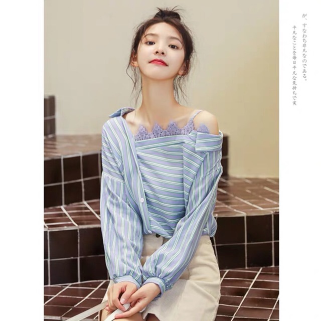 Áo sơ mi lệch vai cổ ren