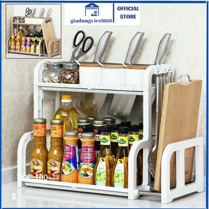 Kệ gia vị chữ H 2 tầng-Kệ đựng gia vị nhựa pp ,khung inox khả năng chịu lực tốt có khe cắm dao,ống đũa đa năng