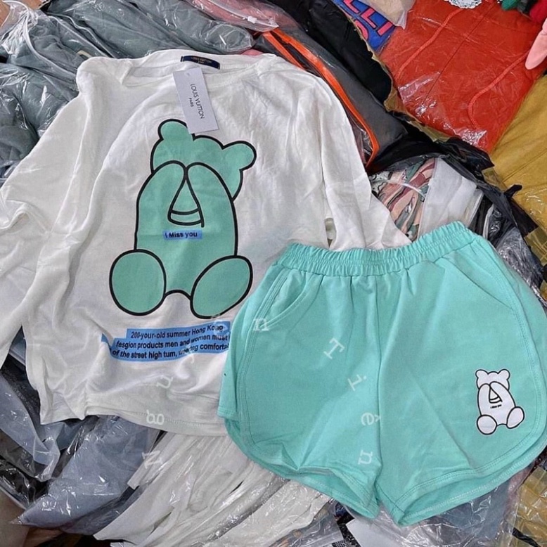 Set bộ áo tay dài in gấu kèm quần đùi cute - A5U