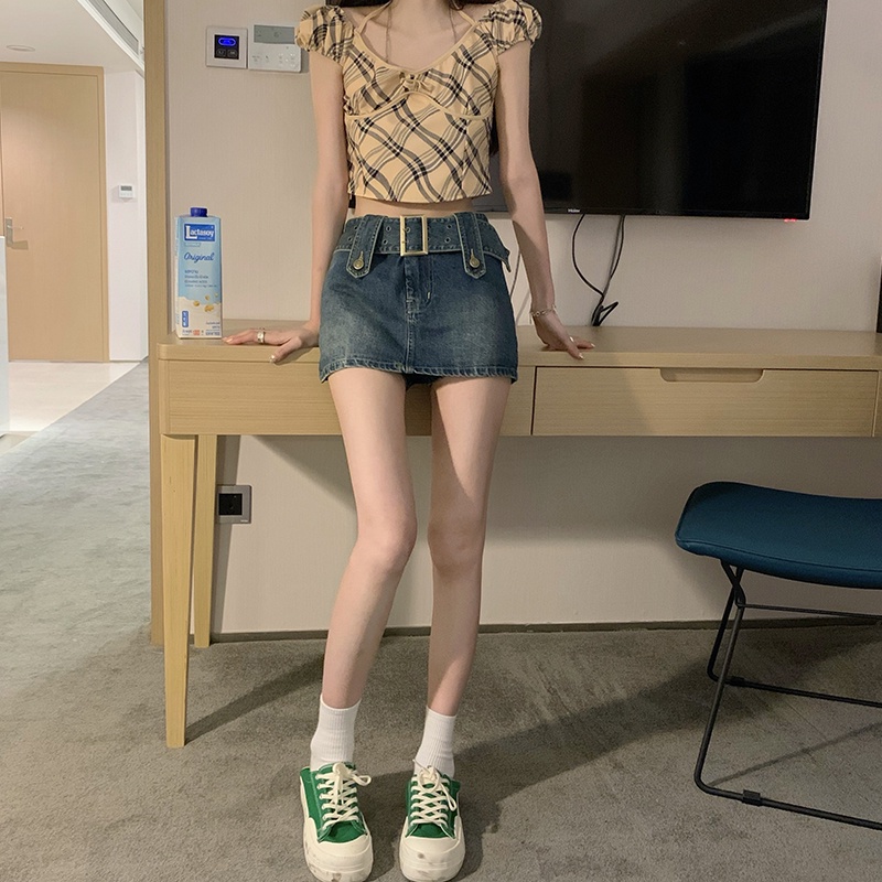 Porozi Chân váy jean chữ A lưng cao màu sắc đơn giản phong cách Hàn Quốc cho nữ