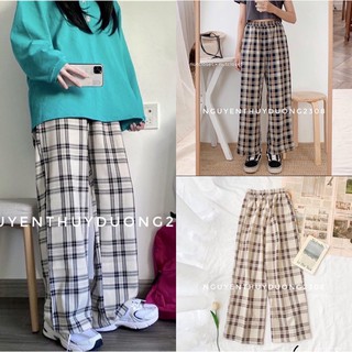 Quần kẻ caro Pants cạp cúc chun lưng new/Quần kẻ caro ống rộng Ulzzang