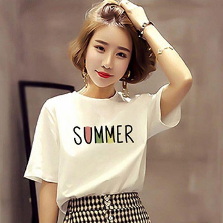 Áo thun nữ trắng cổ tròn Summer tay ngắn dáng suông