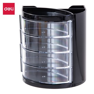 Cốc cắm bút DELI 4 ngăn kéo xoay, 2 ống cắm, 1 ngăn đựng giấy nhắn, Đen E9133