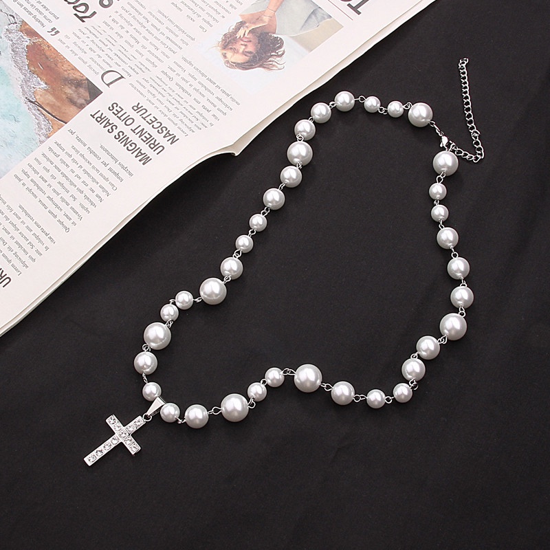 Vòng cổ Mặt Chữ Thập Đính Đá Ngọc Trai Phong Cách hip hop Cho Nam Nữ