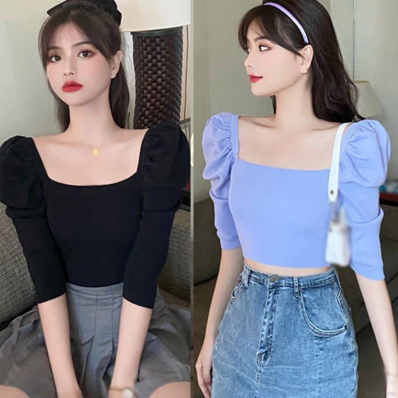 Áo Dệt Kim Tay Phồng Cổ Vuông Kiểu Hàn Quốc Xinh Xắn Cho Nữ