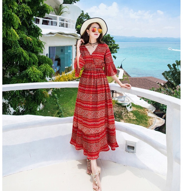 Đầm maxi chiffon mịn tay lỡ eo thun hoạ tiết hoa thổ cẩm size S M L XL | BigBuy360 - bigbuy360.vn