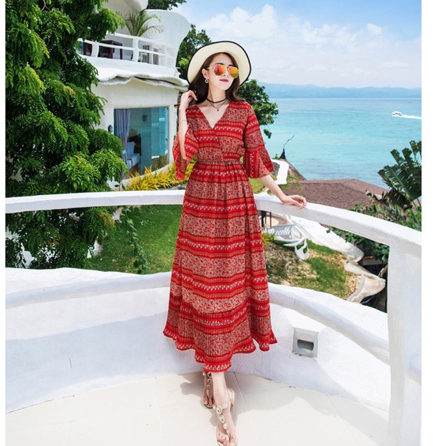 Đầm maxi chiffon mịn tay lỡ eo thun hoạ tiết hoa thổ cẩm size S M L XL