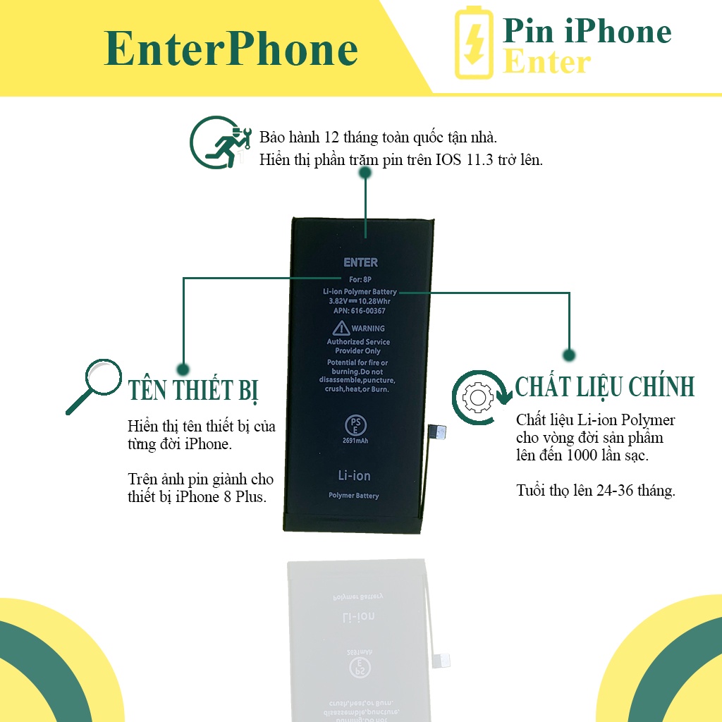 Pin ĐT Táo 8G/ 8 Plus Enter bảo hành 12 tháng
