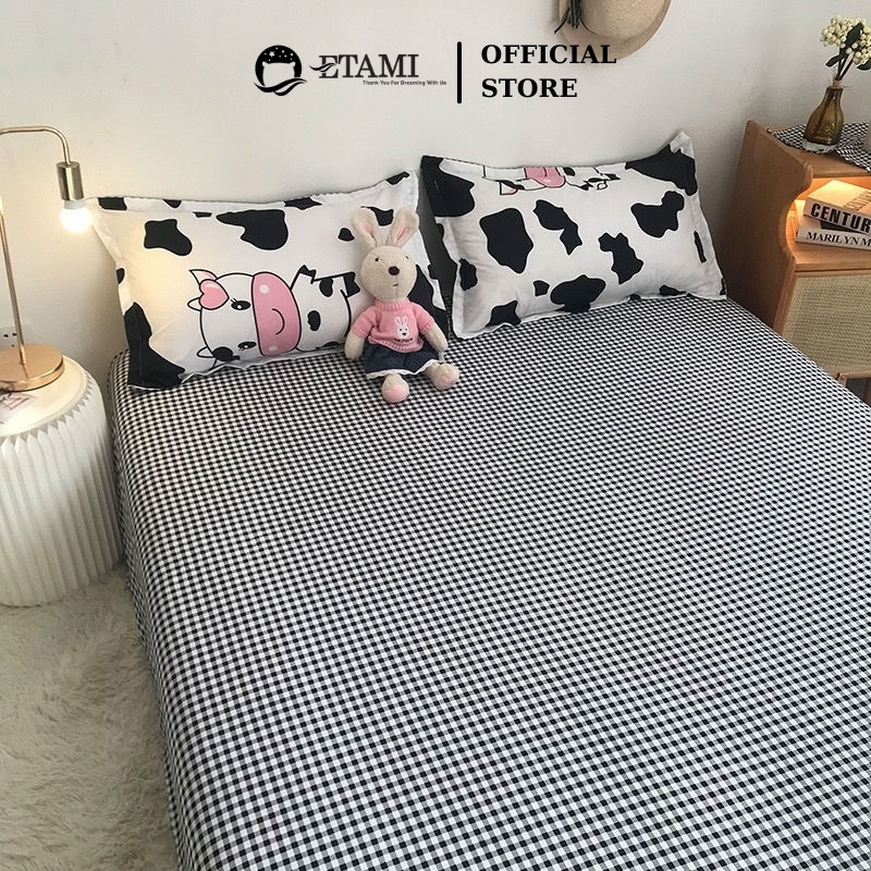 Bộ chăn ga gối ETAMI cotton poly con bò sữa cute miễn phí bo chun drap giường ga trải giường P05