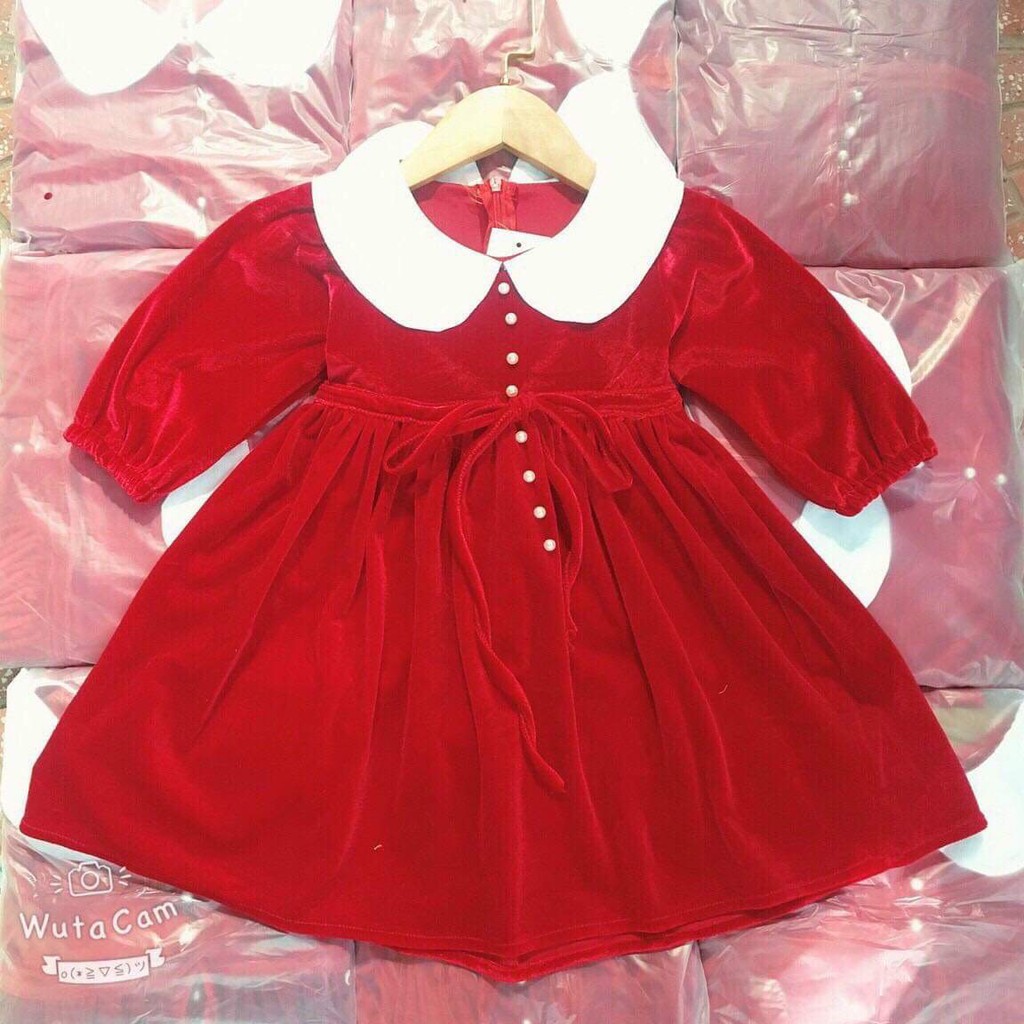 TẾT 2021 váy nhung mềm đỏ cổ bèo trắng đính khuy hạt cực xinh