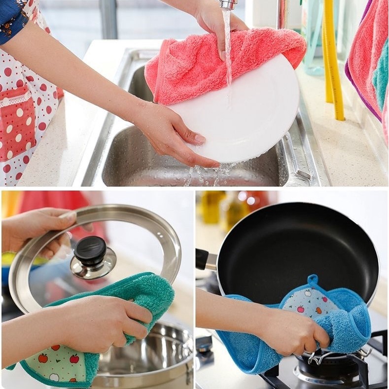 Combo 5 Khăn Lau Tay Nhà Bếp Đa Năng CÓ MÓC TREO TƯỜNG Siêu Thấm Mềm Mại Lau Bếp Lau Cốc Chén Nhiều Màu Sắc Tiện Dụng
