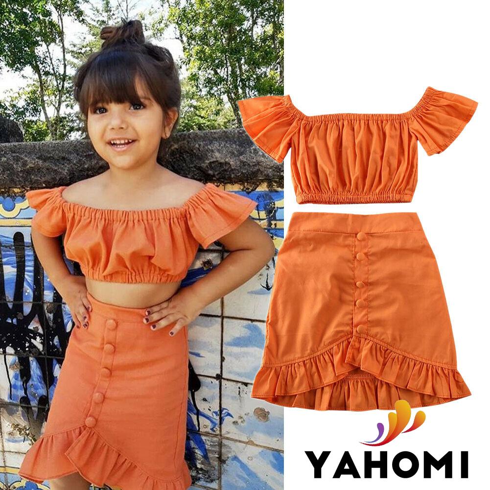 Set đồ 2 món gồm áo croptop hở vai + chân váy dành cho bé gái 1-6 tuổi