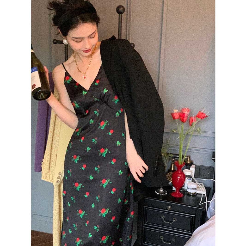 Đầm voan hai dây dáng dài in họa tiết hoa thanh lịch thời trang cho nữ