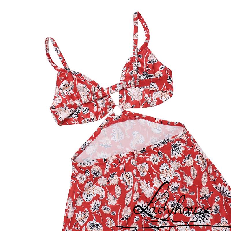 LD-Women´s Sling Long Dress, Floral Printed Hollow Out Backless Ring Connect Dress, Casual Simple One-Piece Clothes