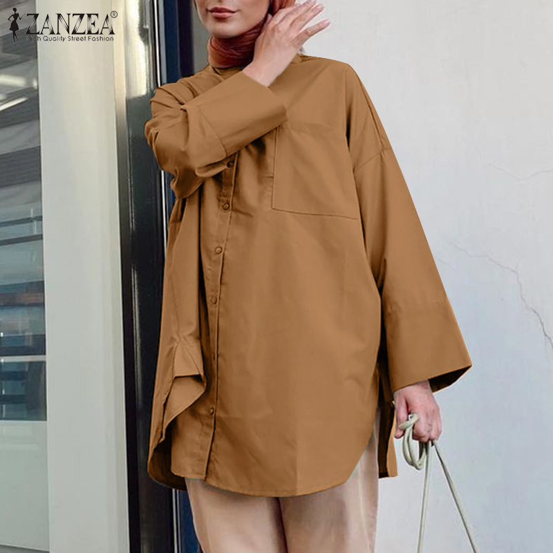 Áo Sơ Mi ZANZEA Màu Trơn Cổ Bẻ Tay Dài Dáng Rộng Phong Cách Hồi Giáo Thường Ngày Dành Cho Nữ
