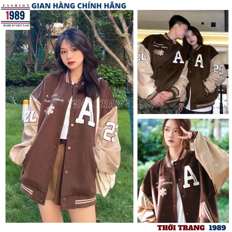 Áo khoác Bomber thể thao màu nâu thêu chữ A- Áo bóng chày jackit from rộng nam nữ UNISEX phối tay phong cách ulzzang1989