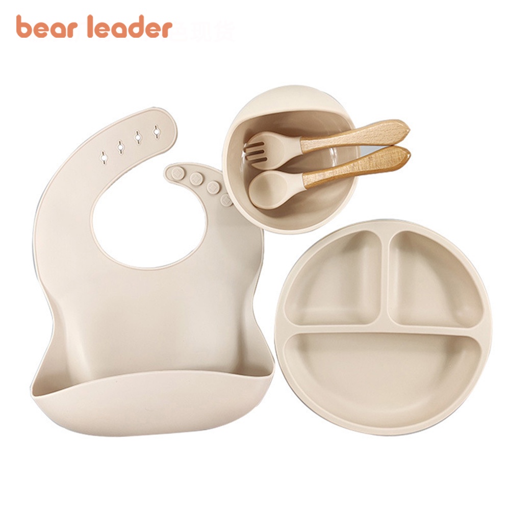 BEAR LEADER Bộ Tô / Muỗng / Nĩa Bằng Silicon Mềm Không BPA Có Giác Hút Hình Gấu Chống Trượt Cho Bé Tập Ăn