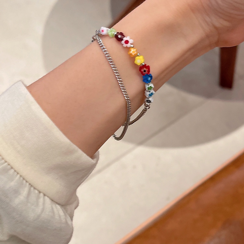 Vòng Đeo Tay Hai Lớp Họa Tiết Hoa Nhỏ Tráng Men Nhiều Màu Sắc Phong Cách Hàn Quốc 19A159