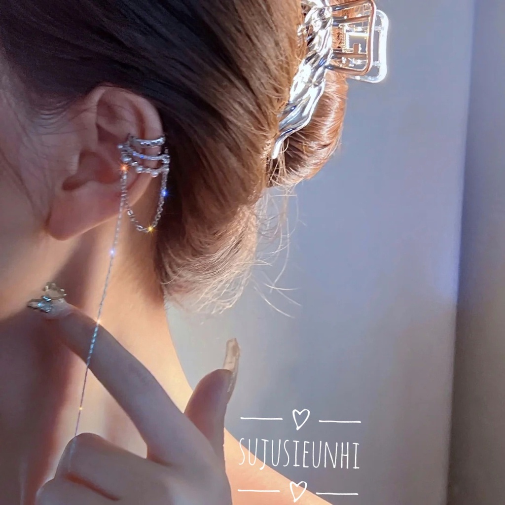 CÓ VIDEO (KHÔNG XỎ) Khuyên tai 3 lớp kẹp vành đính ngọc nhân tạo tua rua thả dài đeo 1 bên duyên dáng