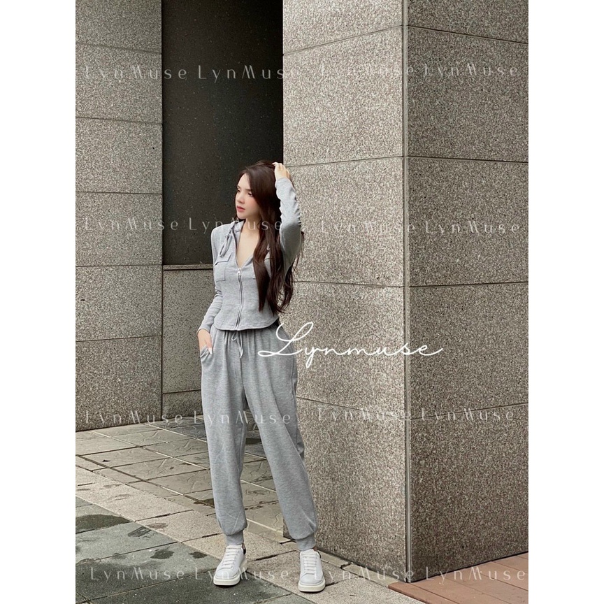 Set bộ đồ nữ thu đông áo dài tay có mũ kéo khóa túi hộp chất mềm mại