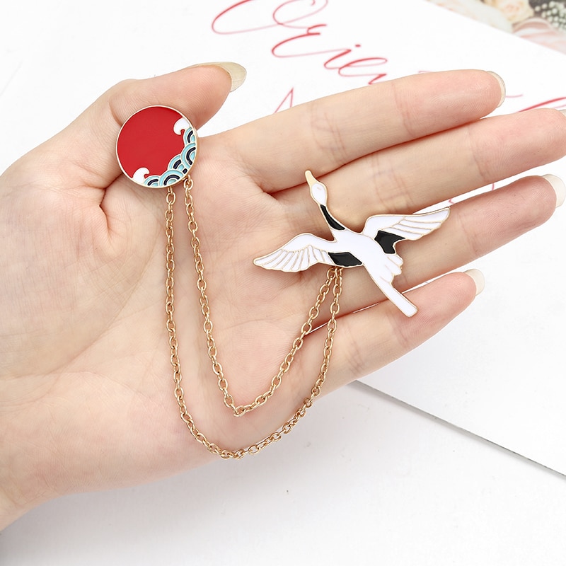Ghim cài áo QIHE JEWELRY hình chim hạc+sóng biển+mặt trời tráng men thời trang cổ điển