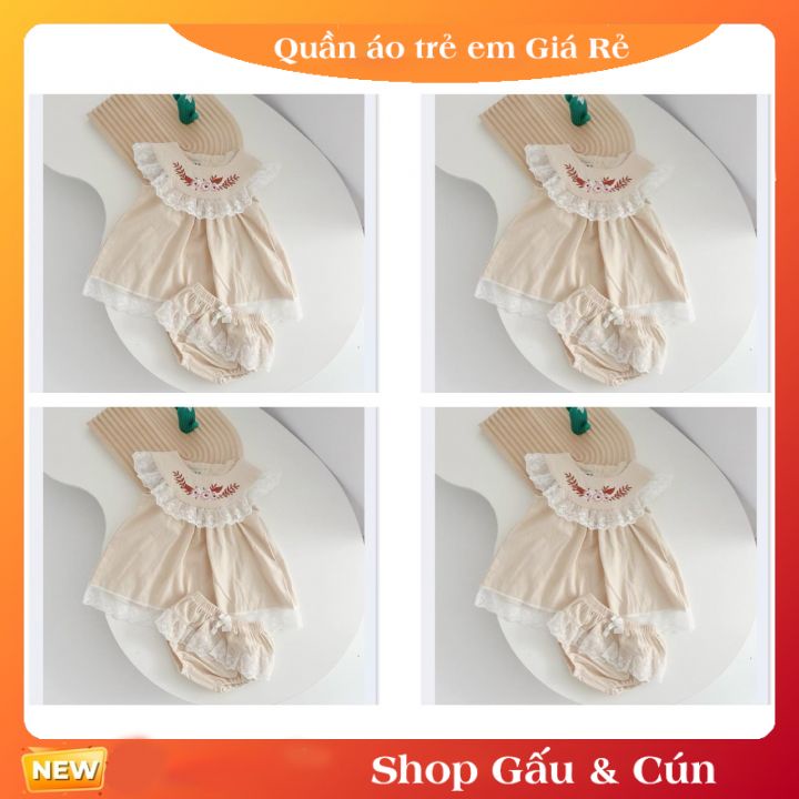 Set bộ bé gái thêu hoa viền ren, quần chíp 9-13kg