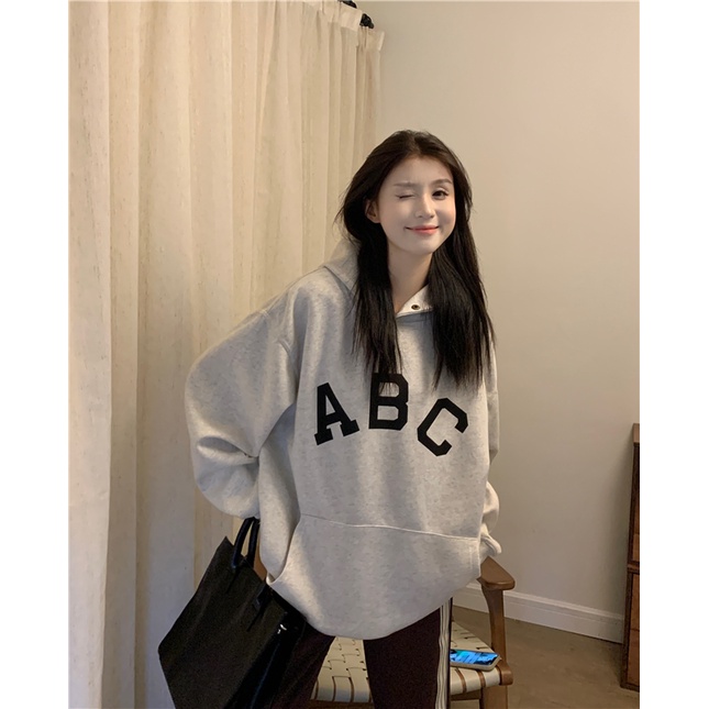Áo hoodie nữ form rộng dày ABC, hoodie nữ màu xám | BigBuy360 - bigbuy360.vn