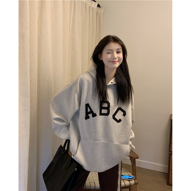 Áo hoodie nữ form rộng dày ABC, hoodie nữ màu xám