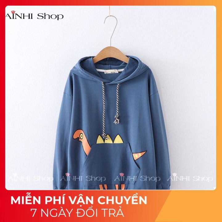 Áo Hoodie ❤️FREESHIP❤️ Unisex Nam Nữ Kiểu Dáng Sweater, Chất Nỉ Bông Cao Cấp Có Nón Chui Đầu Hình Khủng Long Xanh