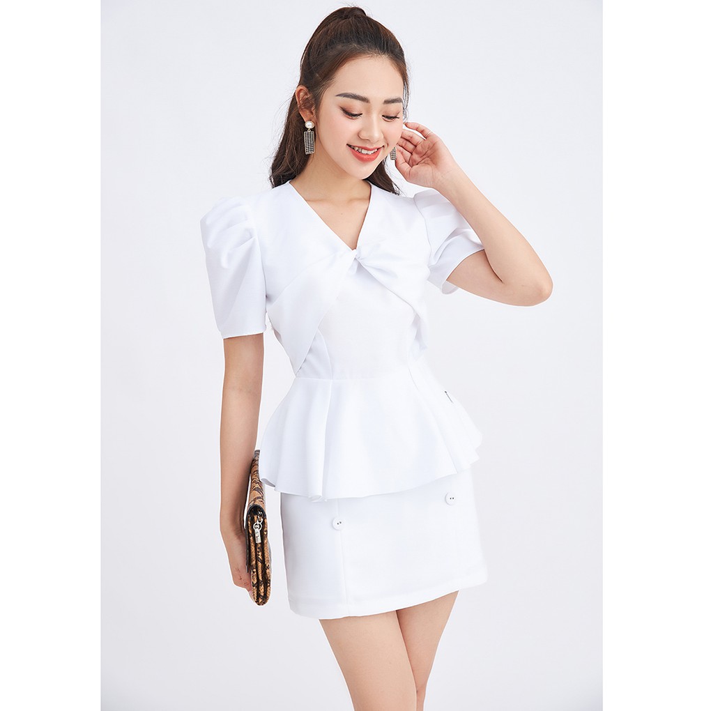 Áo sơ mi nữ Peplum 92WEAR màu trắng, đủ size xoắn ngực 20AGAIN ASA1185