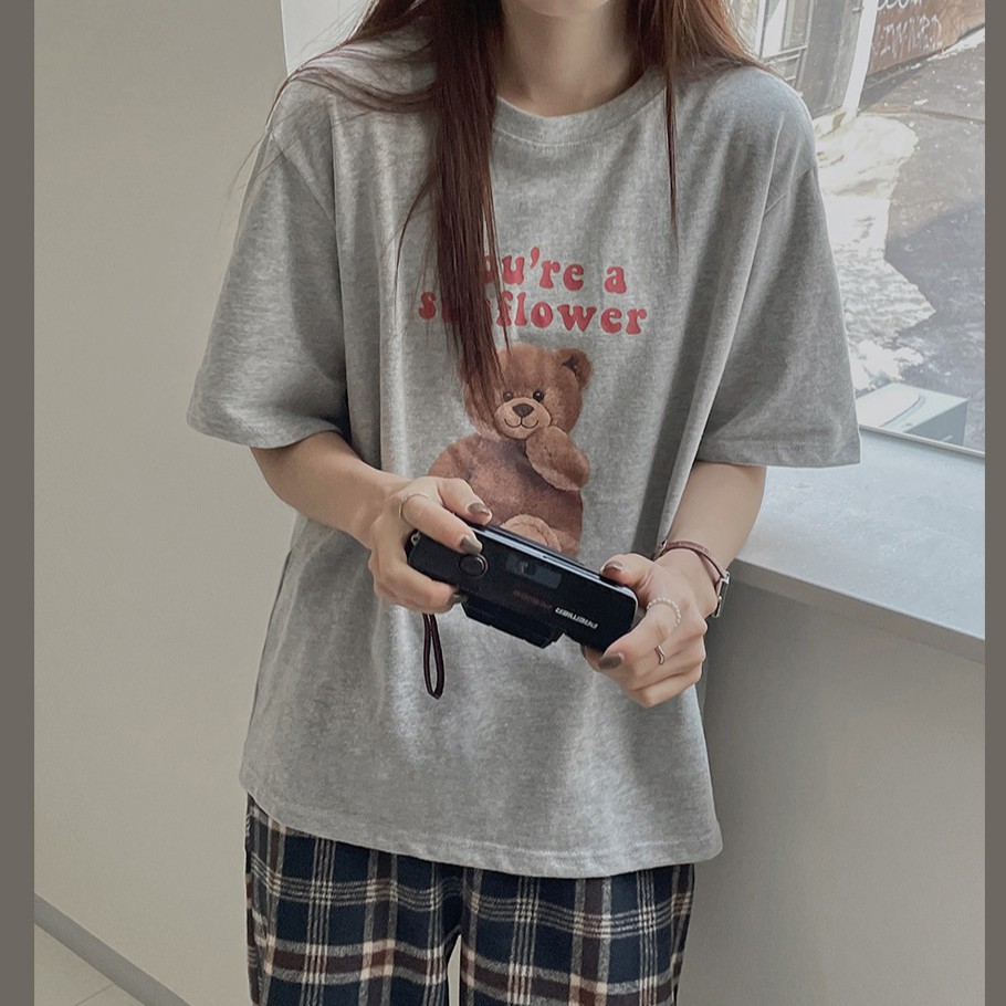 Áo thun Peppermint 41128 tay ngắn in hình gấu dễ thương phong cách Hàn Quốc thời trang