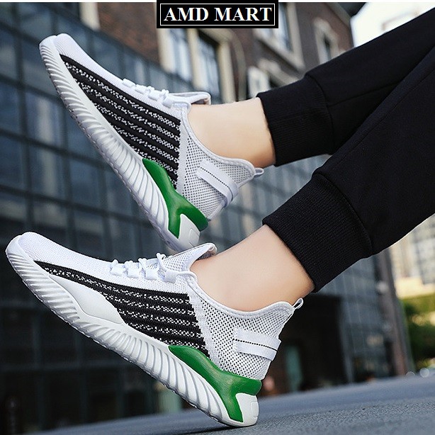 Giày thể thao nam giày sneaker nam W61 dệt sợi cao cấp êm chân thoáng khí phối màu đen trắng nổi bật