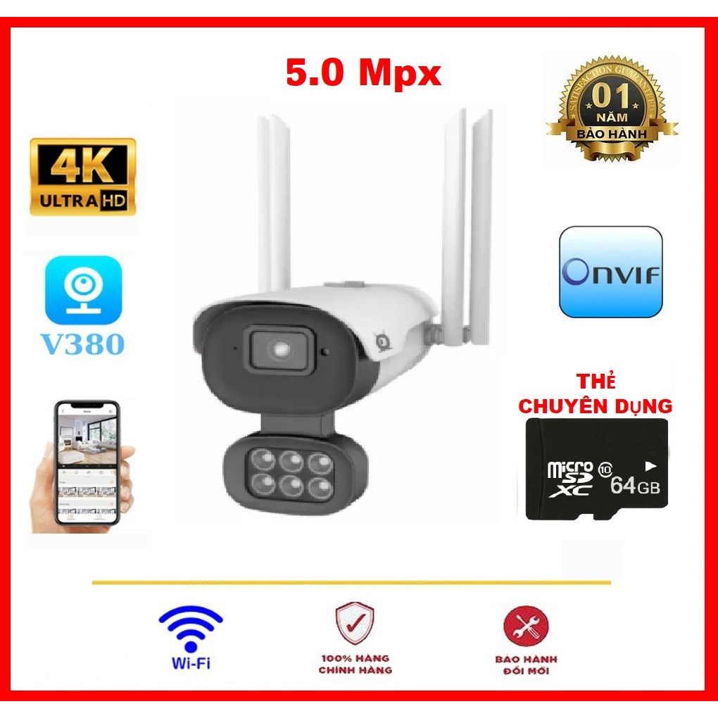 Camera wifi ngoài trời V380-V008 Pro độ phân giải 5.0MPX - Camera cao cấp, bền bỉ - Hình ảnh sắc nét, kèm thẻ nhớ 64GB
