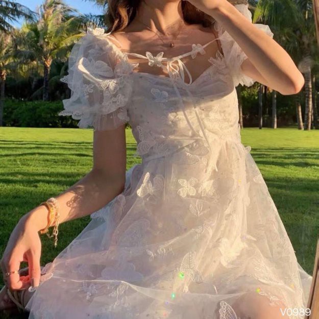 ĐẦM XOÈ VỚI HOẠ TIẾT XINH XẮN (V0989)