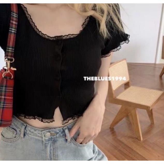 Áo kiểu croptop nút phối ren - mẫu hot 2022 - vải mềm mịn loại 1