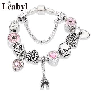 Vòng tay Pandora họa tiết trái tim và tháp Eiffel bằng kim loại đính đá thời trang cho nữ