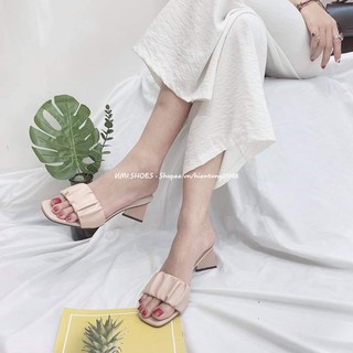 [3 MÀU] Guốc cao gót mũi vuông nữ 5cm gót trụ xéo basic đơn giản thời trang quai nhúm nhún dúm màu đen/kem/trắng mới