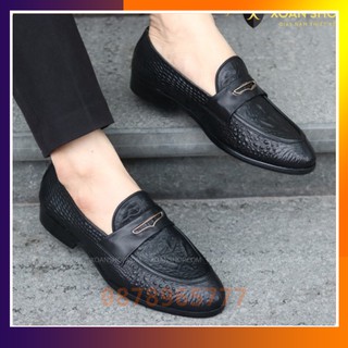 Giày Lười Nam Da Bò Thật Dập Vân Cá Sấu Đế Cao Su Đúc 3cm Mã X091-3 Hàng Việt Nam