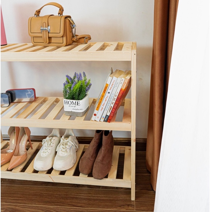 Kệ giày dép gỗ thông 3 tầng decor phòng ngủ phong cách Hàn Quốc l Kệ để giày gỗ 3 tầng kích thước 80*69*29cm