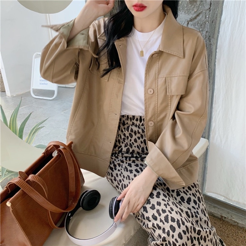AD2_ Áo khoác da nữ dáng lửng sơ mi phong cách retro Hàn Quốc